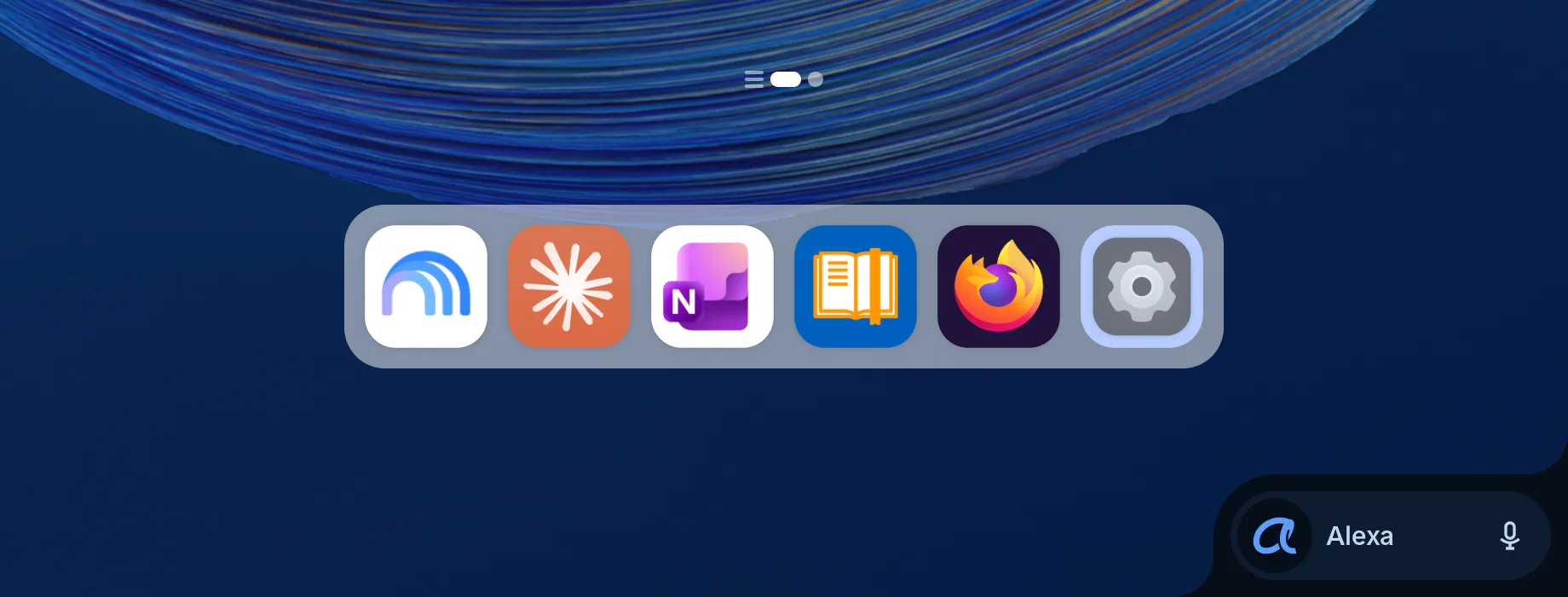 Taskleiste des Alexa Tablet 12 Pro: App-Dock in der Mitte, unten rechts das Alexa-Symbol mit Mikrofon