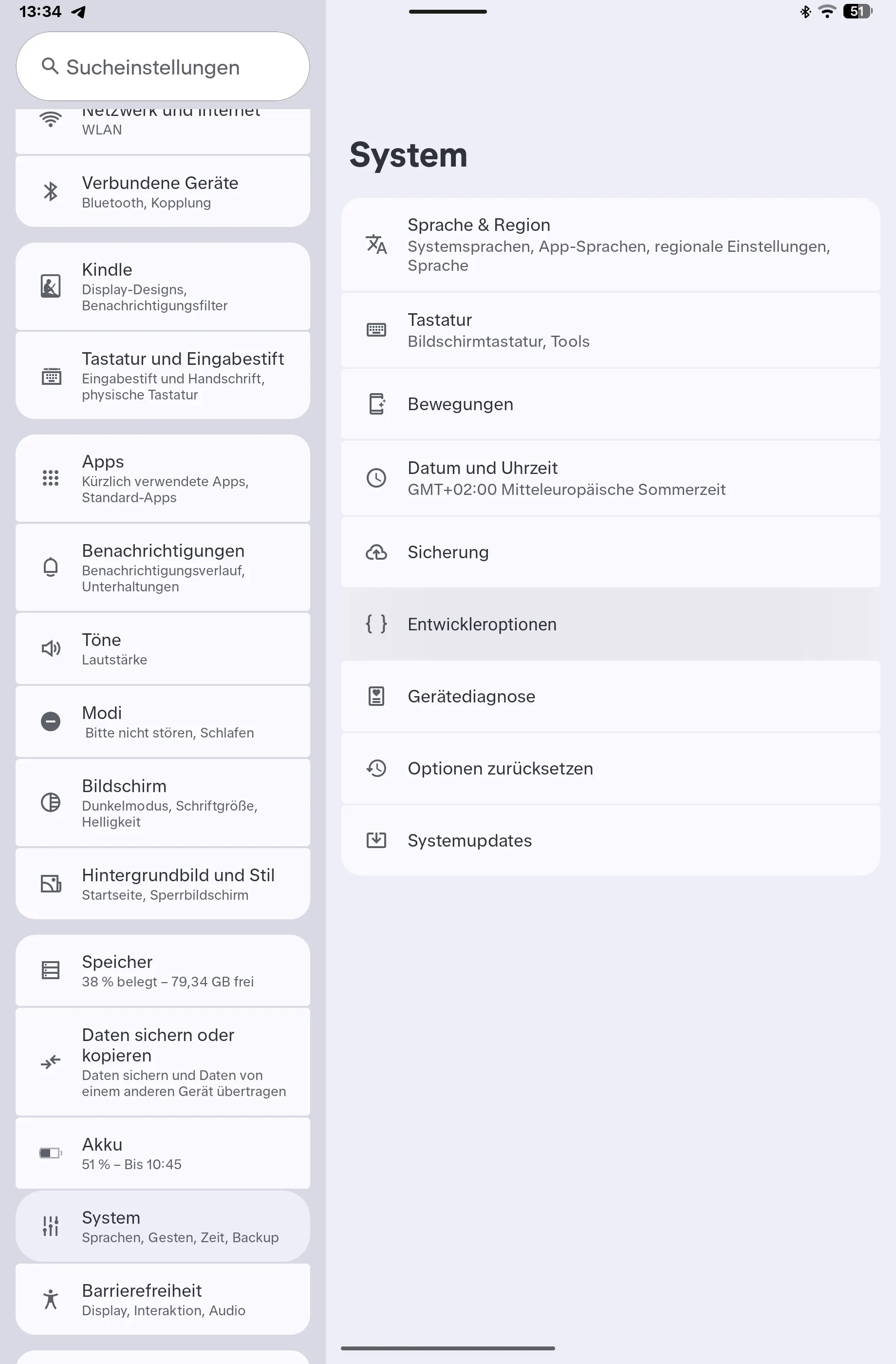 Seite System in den Einstellungen des Alexa Tablet 12 Pro, Entwickleroptionen stehen zwischen Sicherung und Gerätediagnose