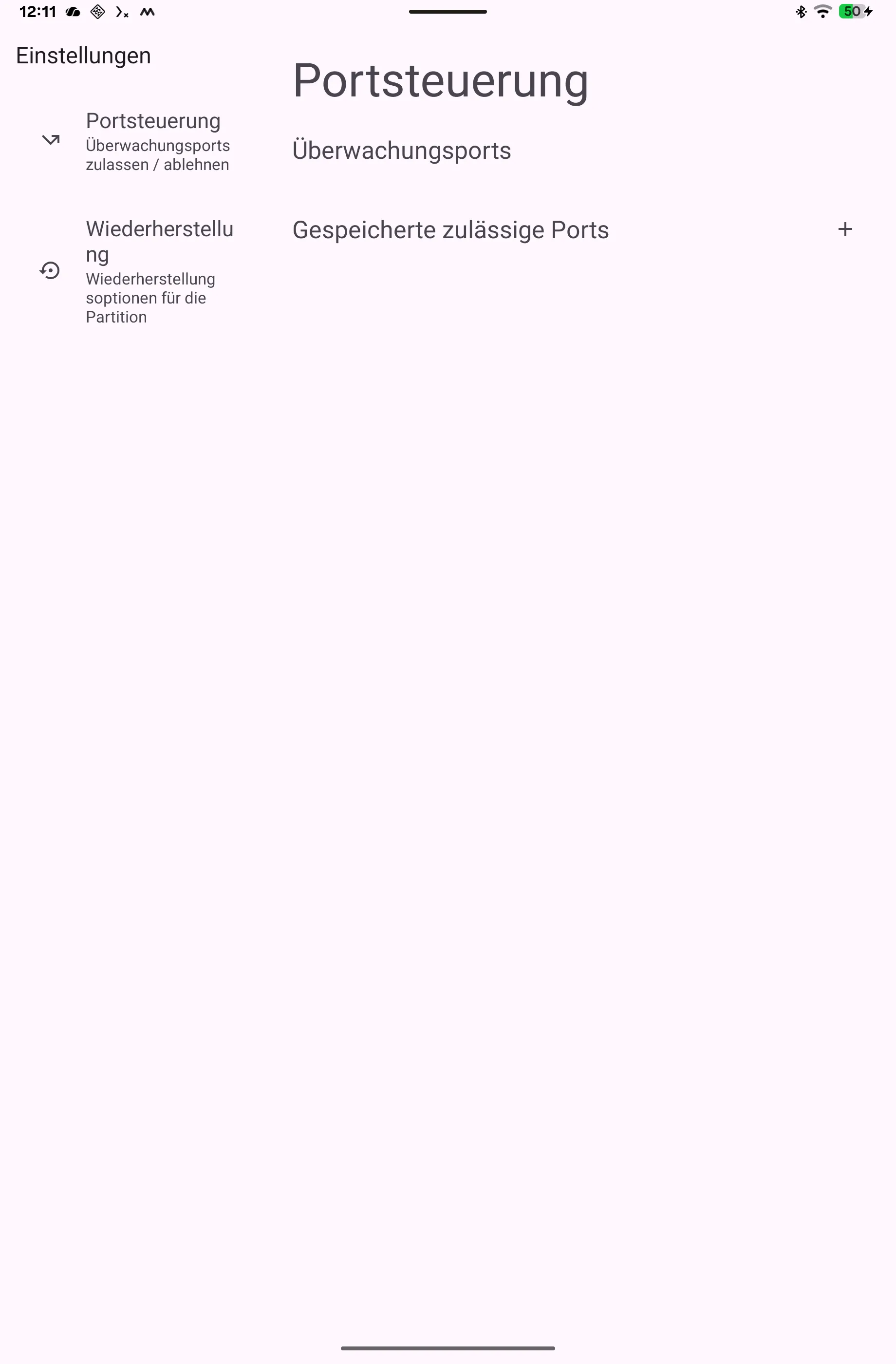 Einstellungen der Terminal-App mit den Punkten Portsteuerung und Wiederherstellung