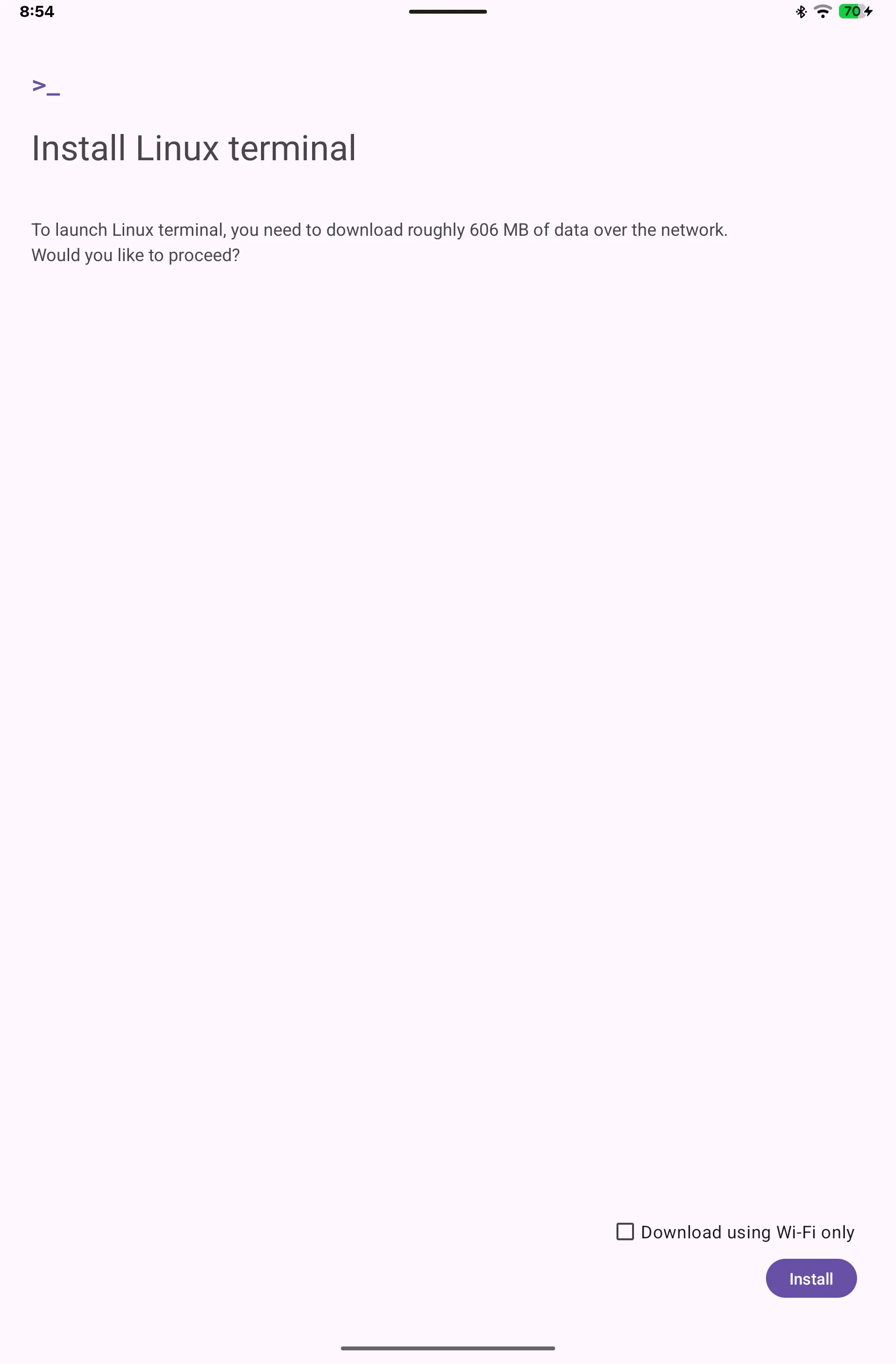 Erster Start der Terminal-App auf dem Alexa Tablet 12 Pro (englische Oberfläche): Install Linux terminal, Download von rund 606 MB mit der Option Download using Wi-Fi only
