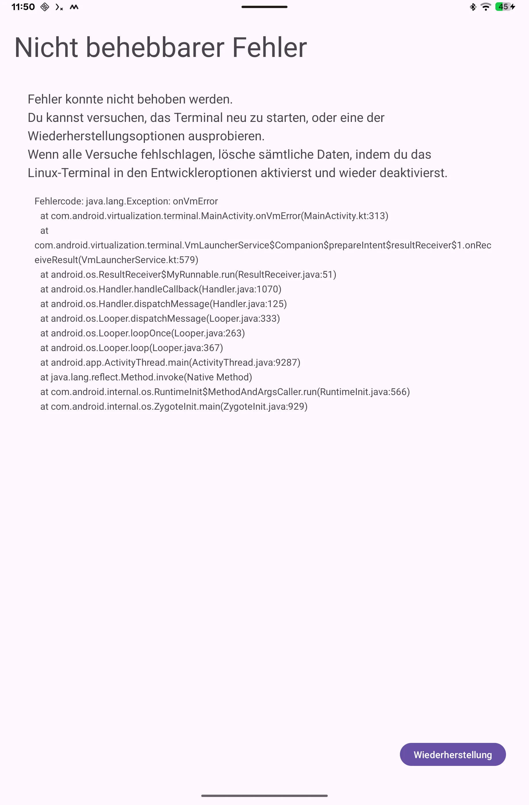 Fehlermeldung Nicht behebbarer Fehler in der Terminal-App mit Fehlercode java.lang.Exception: onVmError und Stacktrace