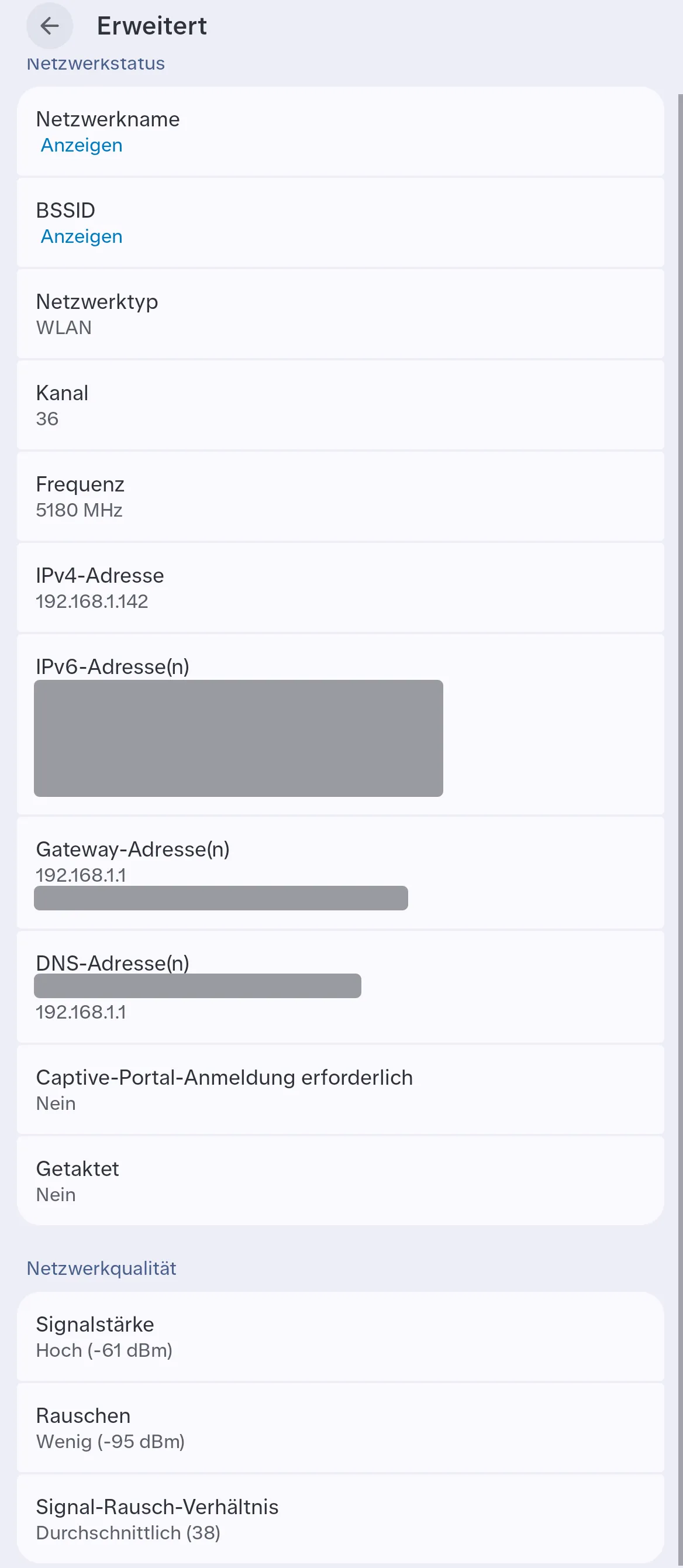 Erweiterte Ansicht des Verbindungsassistenten auf dem Alexa Tablet 12 Pro mit Kanal 36, Frequenz 5180 MHz, Signalstärke -61 dBm, Rauschen -95 dBm und Signal-Rausch-Verhältnis 38, die IPv6-Adressen sind geschwärzt
