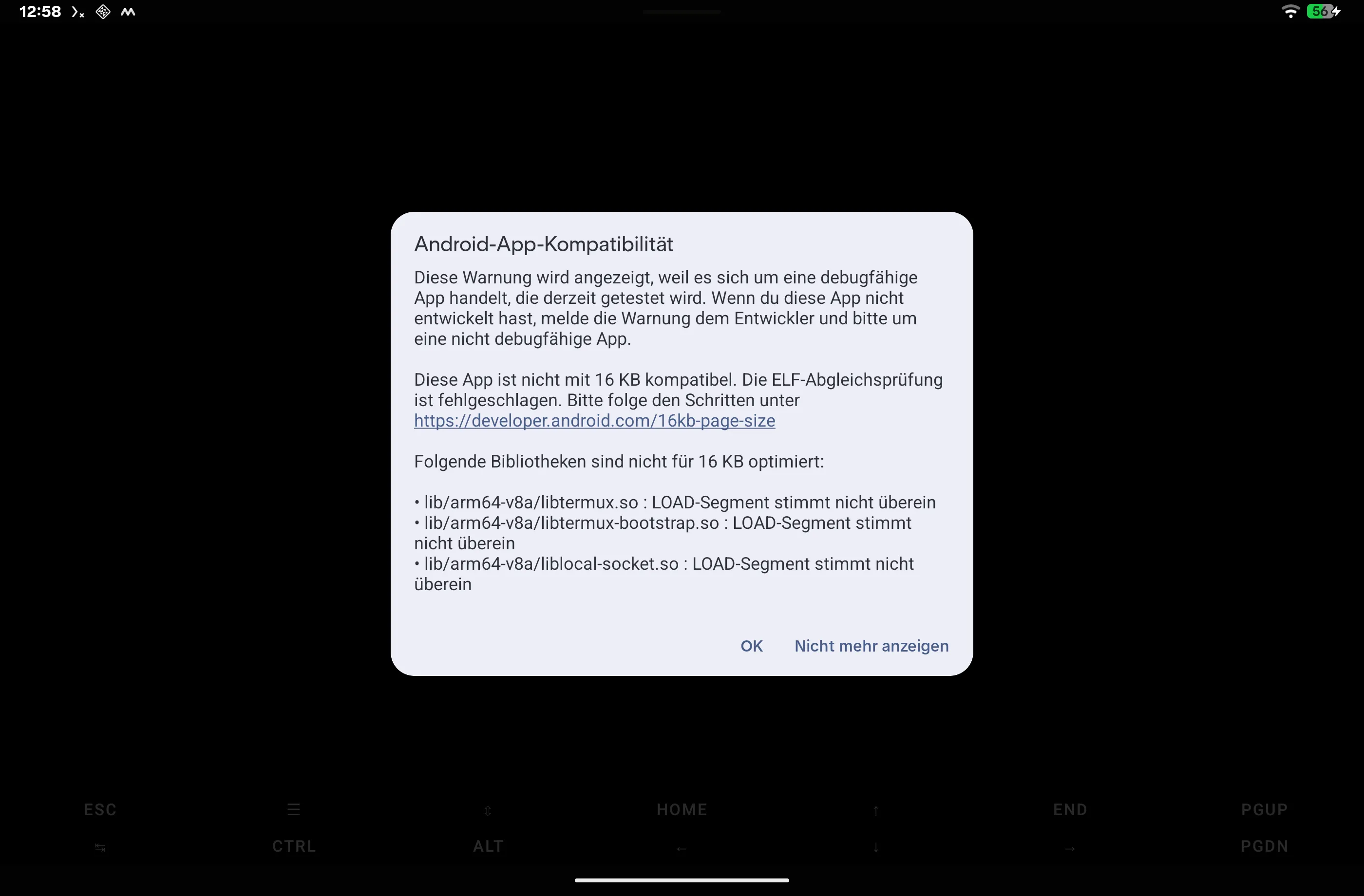Android-Dialog App-Kompatibilität: Termux-Bibliotheken sind nicht für 16-KB-Speicherseiten optimiert