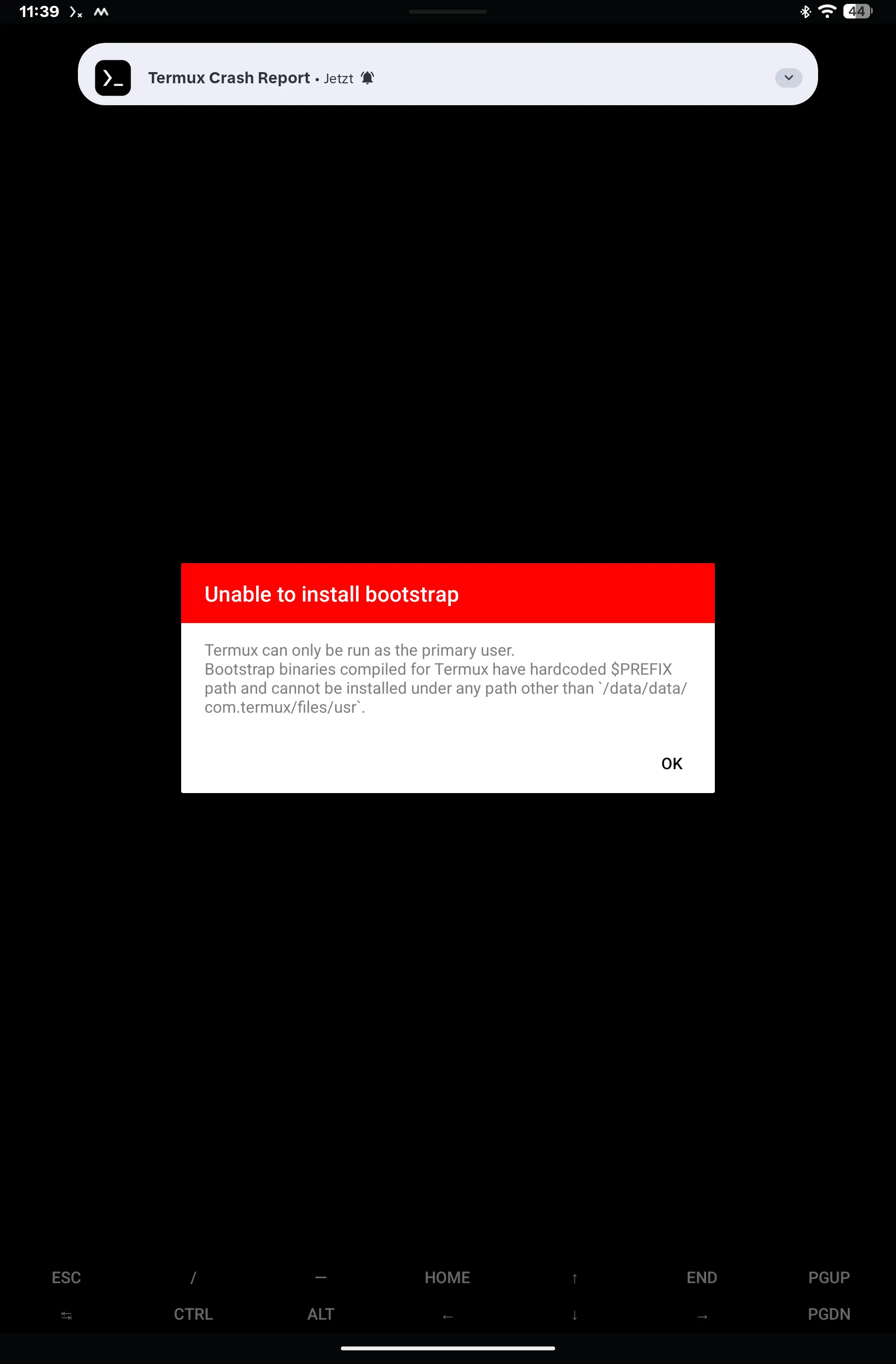 Ausführliche Termux-Meldung: Bootstrap binaries compiled for Termux have hardcoded $PREFIX path and cannot be installed under any path other than /data/data/com.termux/files/usr