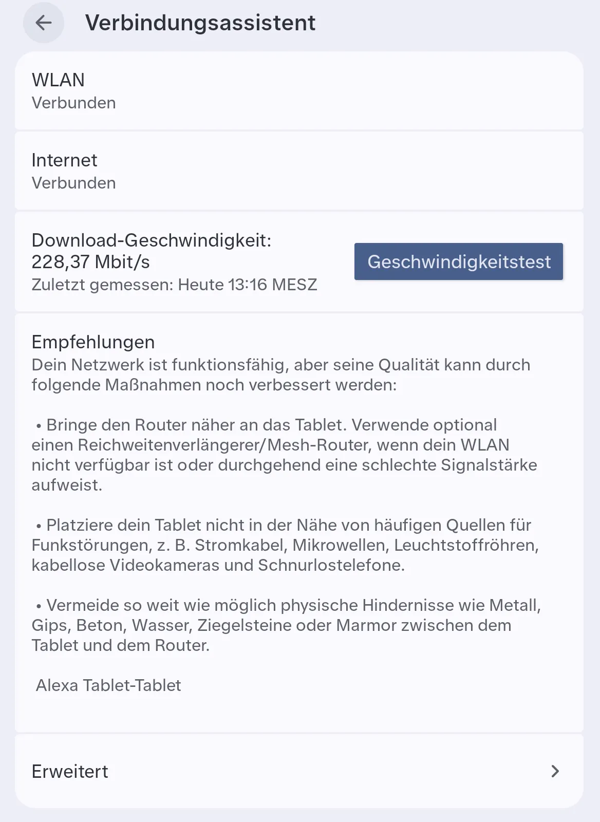 Verbindungsassistent auf dem Alexa Tablet 12 Pro: WLAN und Internet verbunden, Download-Geschwindigkeit 228,37 Mbit/s mit der Schaltfläche Geschwindigkeitstest, darunter Empfehlungen für besseren Empfang